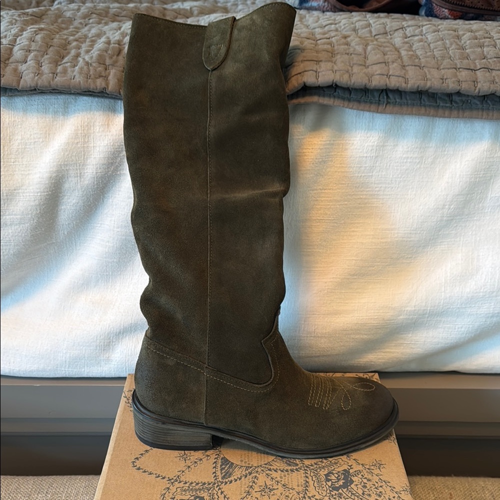 Olive Green Suede Knee-High Boots